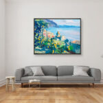 Positano painting, original oil painting on canvas hanging in a modern living room with a gray sofa and home decor