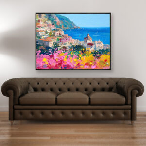 Positano painting, original oil painting on canvas hanging in a modern living room with a brown sofa and home decor