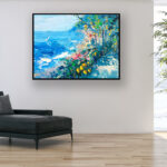 Positano painting, original oil painting on canvas hanging in a modern living room with a black sofa and home decor