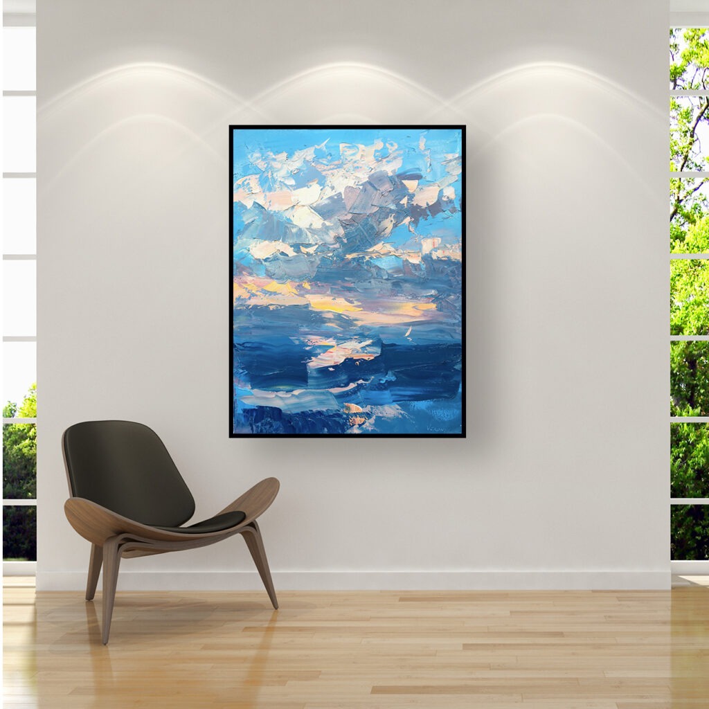 Modern seascape sunset oil painting on canvas with rich impasto texture hanging in a stylish living room, showing full room decor.