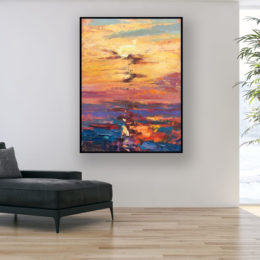 Sunset painting, original oil painting on canvas hanging in a modern living room with a black sofa and home decor