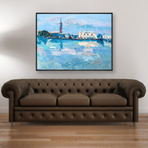 Venice painting, original oil painting on canvas hanging in a modern living room with a brown sofa and home decor