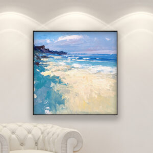 Beach painting, original oil painting on canvas hanging in a modern living room with a white sofa and home decor