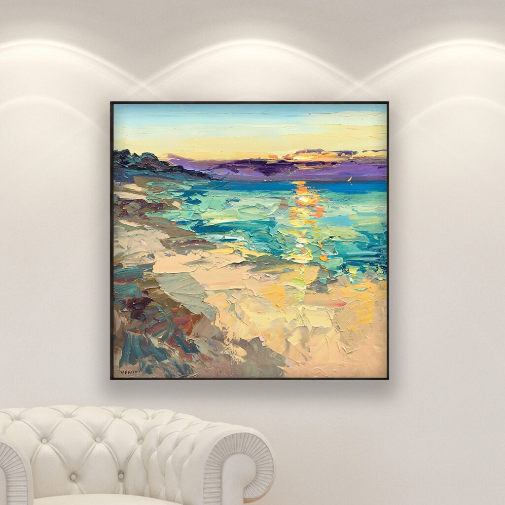 Beach painting, original oil painting on canvas hanging in a modern living room with a white sofa and home decor