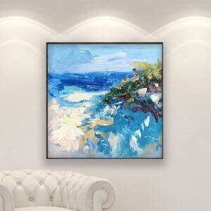 Beach painting, original oil painting on canvas hanging in a modern living room with a white sofa and home decor