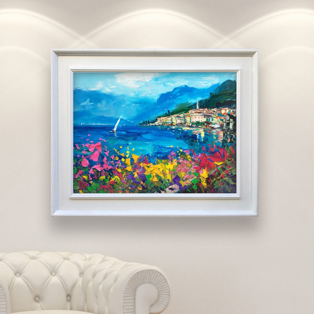 Bellagio lake Como painting, original oil painting on canvas hanging in a modern living room with a white sofa and home decor