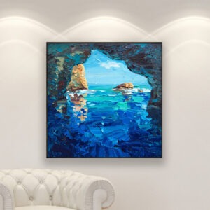 Blue Grotto painting, original oil painting on canvas hanging in a modern living room with a white sofa and home decor