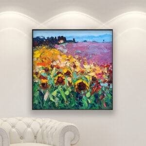 Landscape painting, original oil painting on canvas hanging in a modern living room with a white sofa and home decor