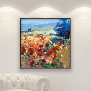 Landscape painting, original oil painting on canvas hanging in a modern living room with a white sofa and home decor