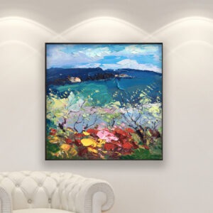 Landscape painting, original oil painting on canvas hanging in a modern living room with a white sofa and home decor