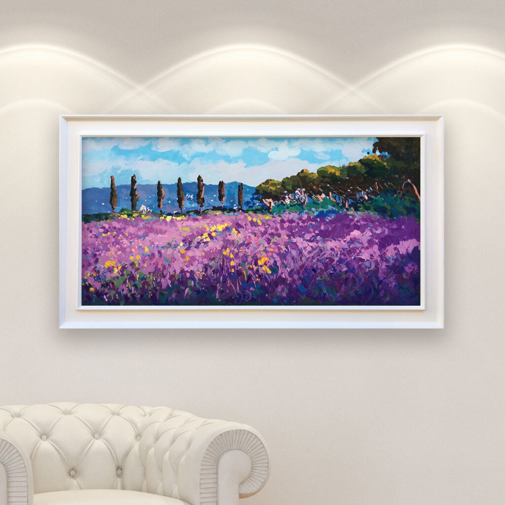 Lavender painting, original oil painting on canvas hanging in a modern living room with a white sofa and home decor