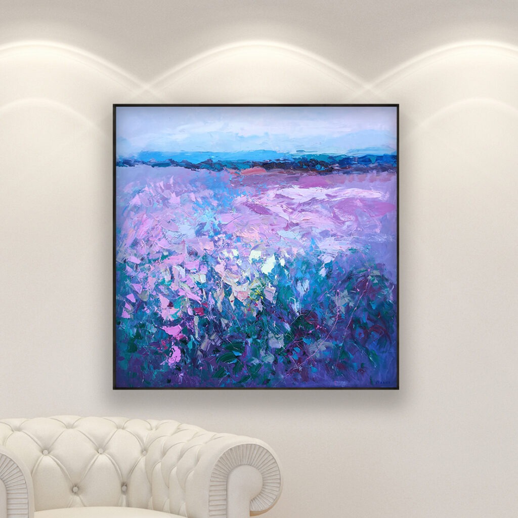 Lavender painting, original oil painting on canvas hanging in a modern living room with a white sofa and home decor