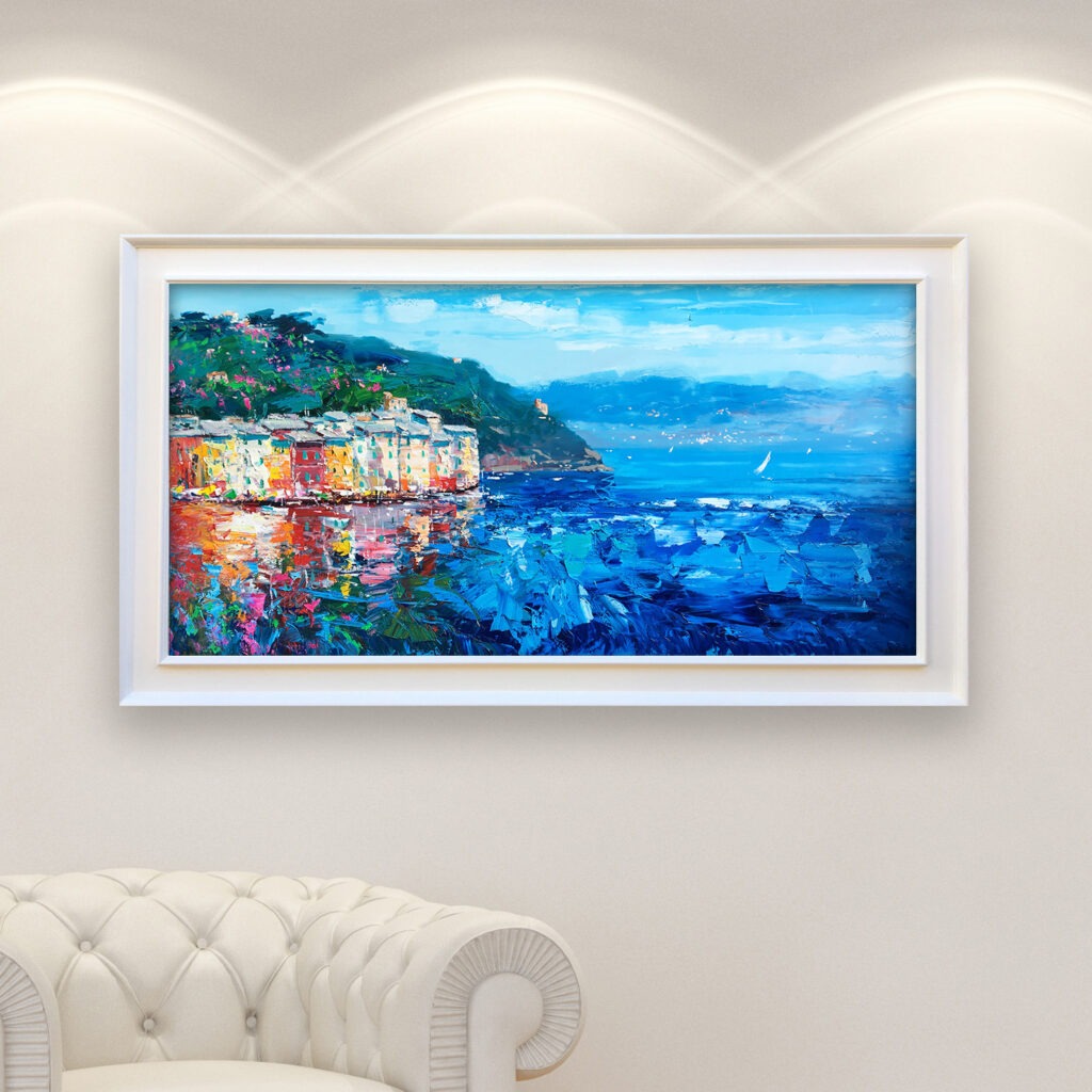 Portofino painting, original oil painting on canvas hanging in a modern living room with a white sofa and home decor