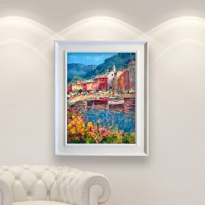 Portofino painting, original oil painting on canvas hanging in a modern living room with a white sofa and home decor