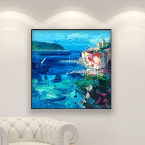 Portovenere painting, original oil painting on canvas hanging in a modern living room with a white sofa and home decor