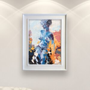 Female Nude painting on canvas with rich impasto texture hanging in a modern living room with a white sofa