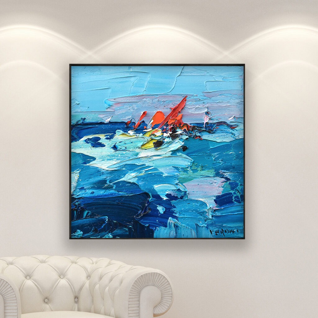 Sailboats painting, original oil painting on canvas hanging in a modern living room with a white sofa and home decor