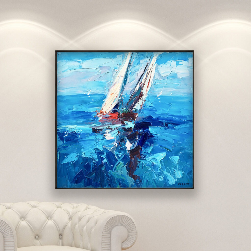 Vibrant sailboats painting, original oil painting on canvas hanging in a modern living room with a white sofa and home decor