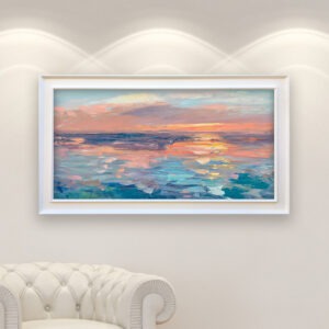 Sunset painting, original oil painting on canvas hanging in a modern living room with a white sofa and home decor