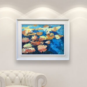 Water Lilies painting, original oil painting on canvas hanging in a modern living room with a white sofa and home decor