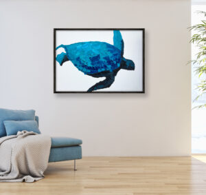 Turtle painting, original oil painting on canvas hanging in a modern living room with a blue sofa and home decor