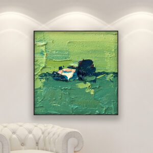 Abstract painting, original oil painting on canvas hanging in a modern living room with a white sofa and home decor