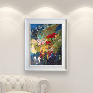 Abstract original oil painting on canvas hanging in a modern living room with a white sofa and home decor