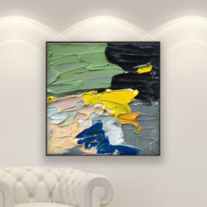 Abstract painting, original oil painting on canvas hanging in a modern living room with a white sofa and home decor