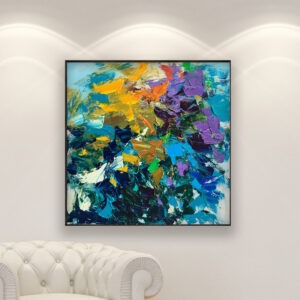 Abstract painting, original oil painting on canvas hanging in a modern living room with a white sofa and home decor