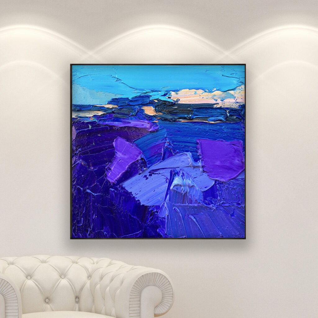 Abstract painting, original oil painting on canvas hanging in a modern living room with a white sofa and home decor