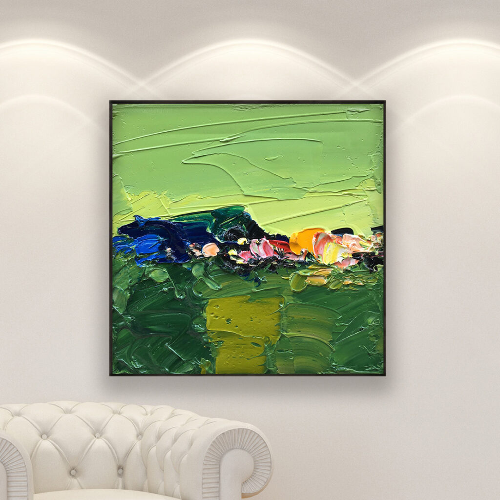 Abstract painting, original oil painting on canvas hanging in a modern living room with a white sofa and home decor