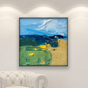 Abstract painting, original oil painting on canvas hanging in a modern living room with a white sofa and home decor