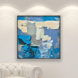 Abstract painting, original oil painting on canvas hanging in a modern living room with a white sofa and home decor