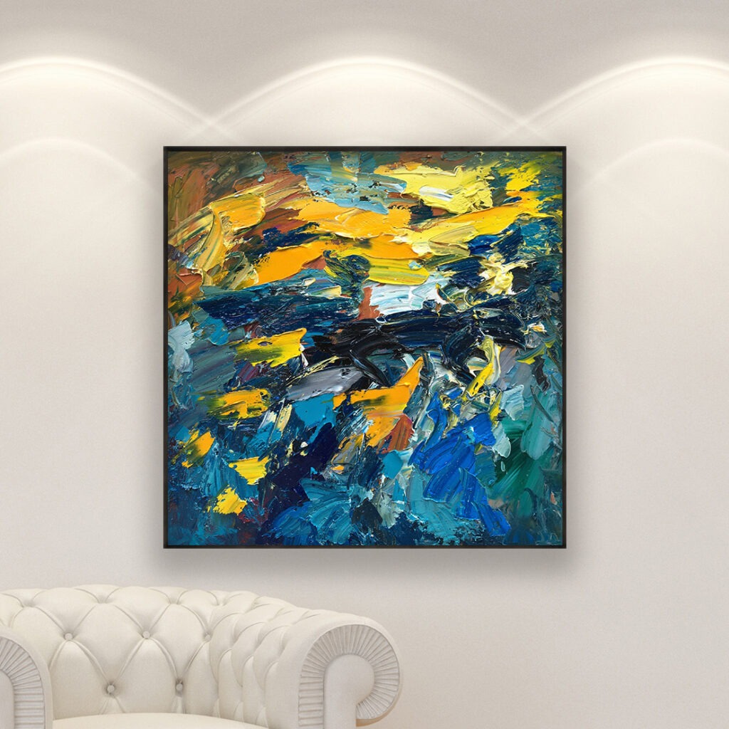 Abstract painting, original oil painting on canvas hanging in a modern living room with a white sofa and home decor