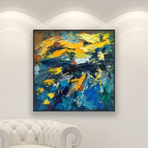 Abstract painting, original oil painting on canvas hanging in a modern living room with a white sofa and home decor