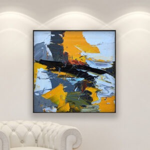 Abstract painting, original oil painting on canvas hanging in a modern living room with a white sofa and home decor