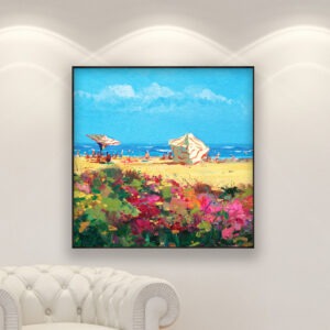 Beach painting, original oil painting on canvas hanging in a modern living room with a white sofa and home decor