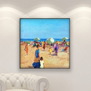 Beach painting, original oil painting on canvas hanging in a modern living room with a white sofa and home decor