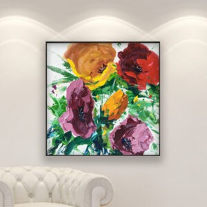 Flowers painting, original oil painting on canvas hanging in a modern living room with a white sofa and home decor