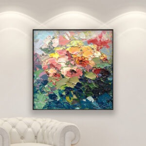 Roses painting, original oil painting on canvas hanging in a modern living room with a white sofa and home decor