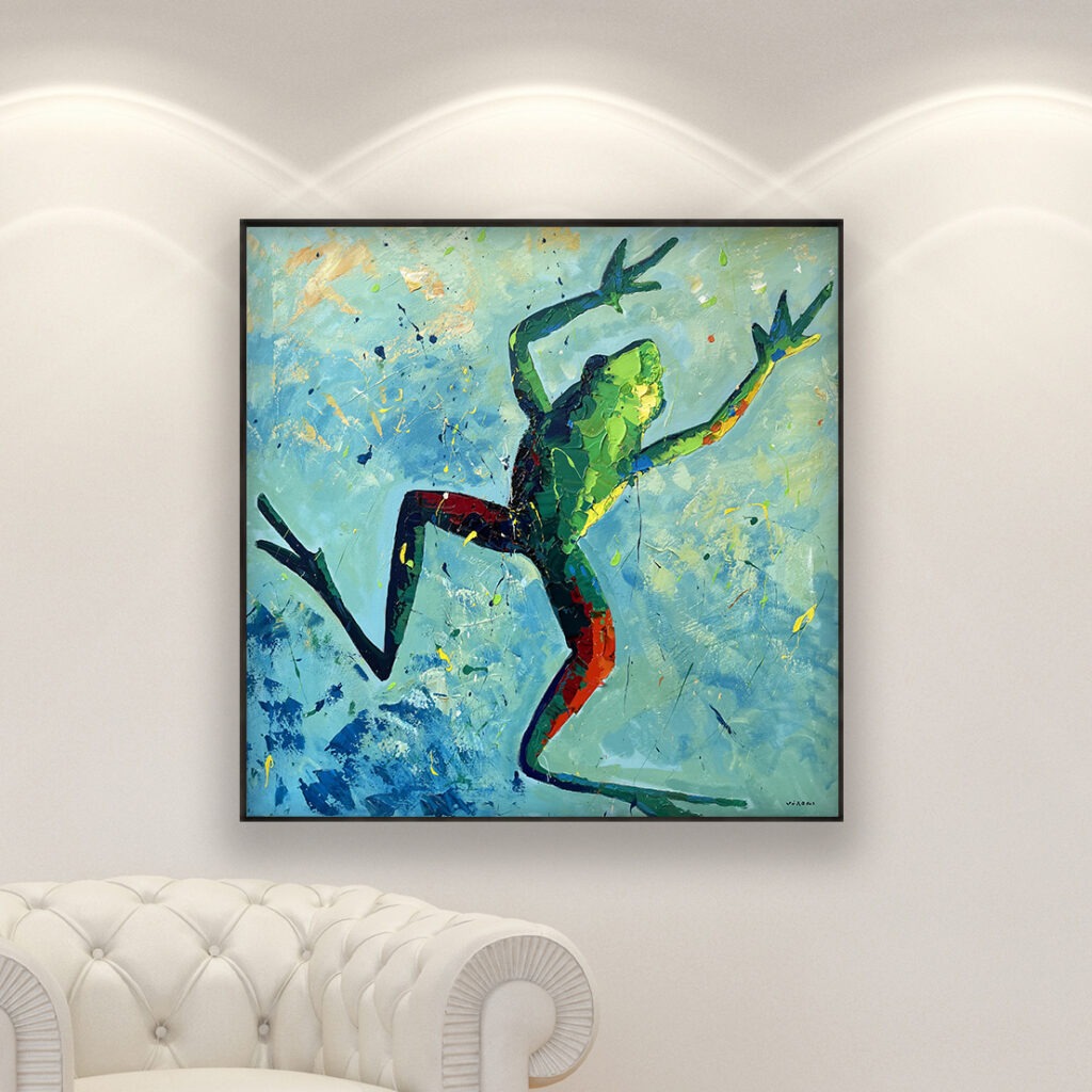 Frog painting, original oil painting on canvas hanging in a modern living room with a white sofa