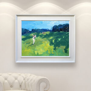 Golf painting, original oil painting on canvas hanging in a modern living room with a white sofa and home decor