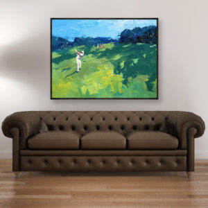 Golf oil painting on canvas, original modern textured landscape wall art, framed, perfect for living room wall decor and as unique gift, displayed on the wall above a brown sofa in a stylish living room