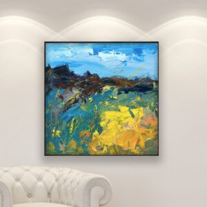 Abstract landscape painting, original oil painting on canvas hanging in a modern living room with a white sofa and home decor