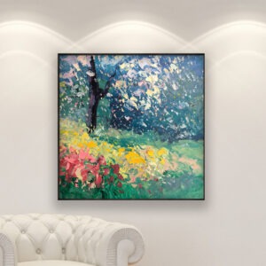 Landscape painting, original oil painting on canvas hanging in a modern living room with a white sofa and home decor