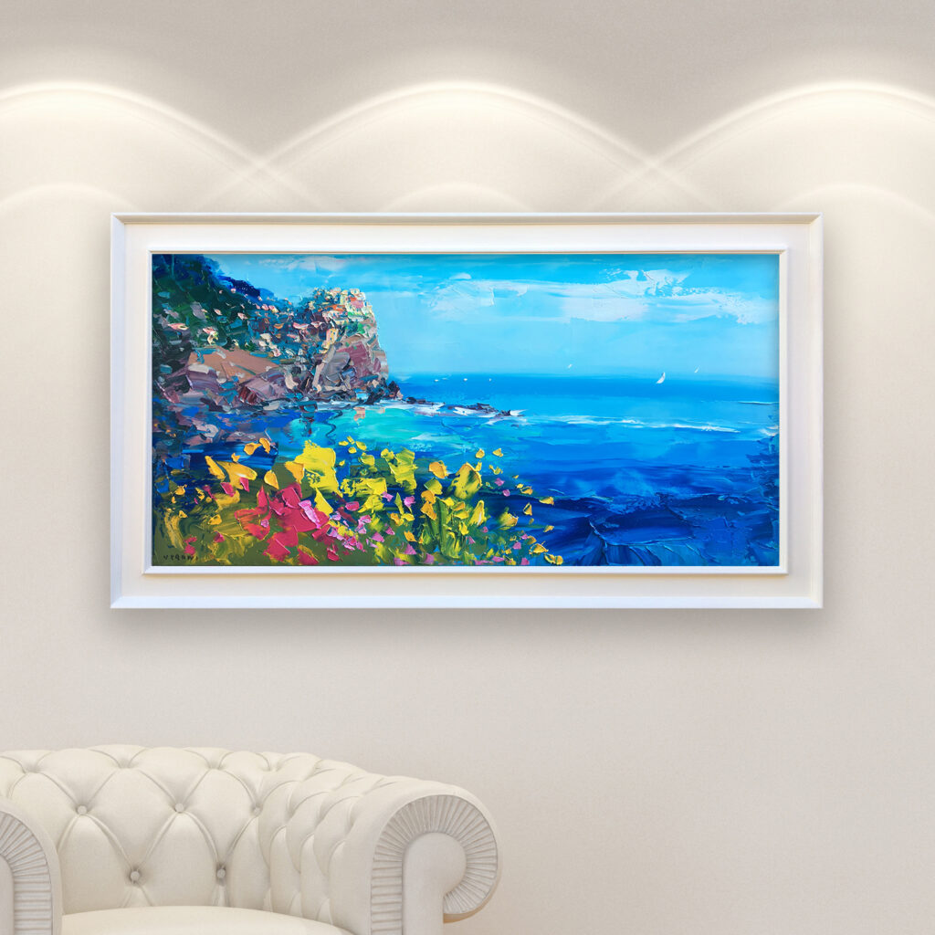 Manarola painting, original oil painting on canvas hanging in a modern living room with a white sofa and home decor