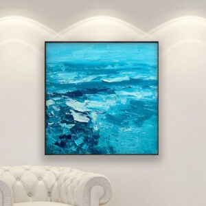 Teal blue abstract painting, original oil painting on canvas hanging in a modern living room with a white sofa and home decor