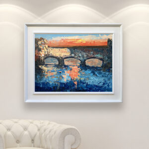 Ponte Vecchio Florence painting, original oil painting on canvas hanging in a modern living room with a white sofa and home decor