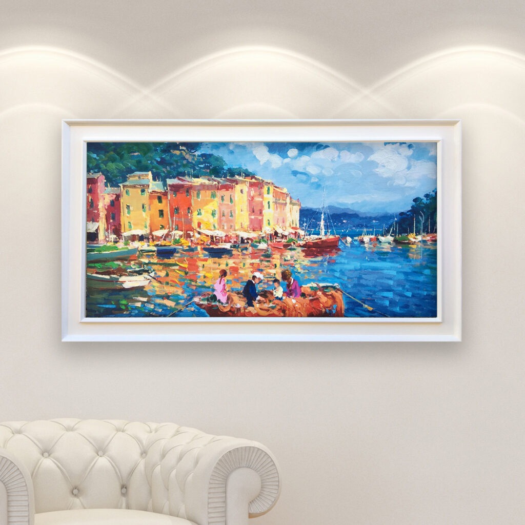 Portofino Italy painting, original oil painting on canvas hanging in a modern living room with a white sofa and home decor