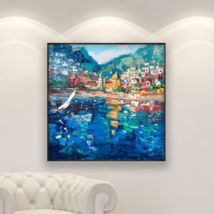 Positano painting, original oil painting on canvas hanging in a modern living room with a white sofa and home decor